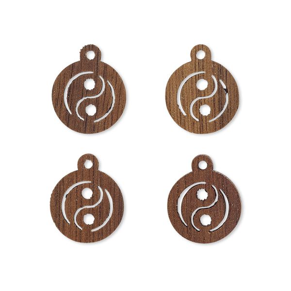 Drop, wood (natural), 11mm single-sided flat round with cutout yin-yang design. Sold per pkg of 4. image number 0