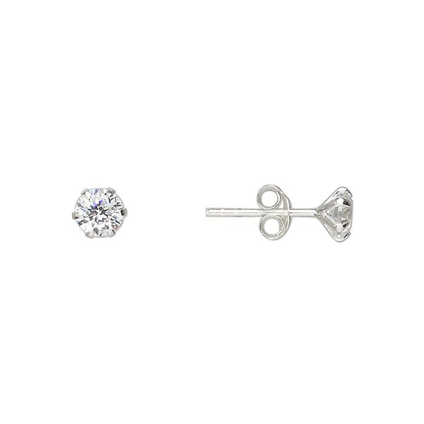 Earstud, sterling silver and cubic zirconia, clear, 5mm round with post. Sold per pair. image number 0