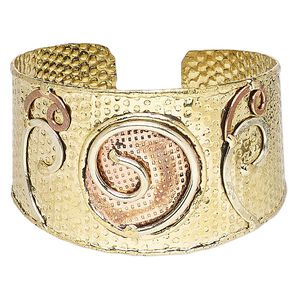Bracelet, cuff, copper-plated and gold-finished brass, 40mm wide with hammered and spiral design, adjustable from 7-1/2 to 8-1/2 inches. Sold individually.