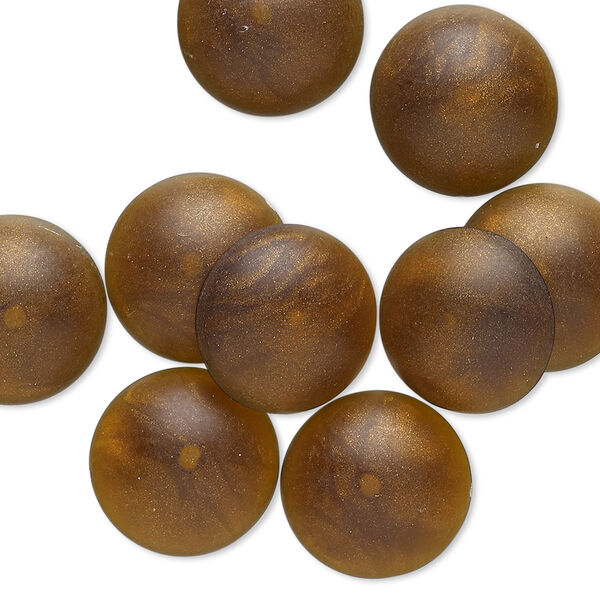 Cabochon, acrylic, frosted marbled translucent brown and gold, 14mm half-drilled non-calibrated round. Sold per pkg of 10. image number 0