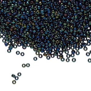 Seed bead, Miyuki, glass, pkg/25g, #11 rocaille, opaque metallic iris dark blue, (RR-452).