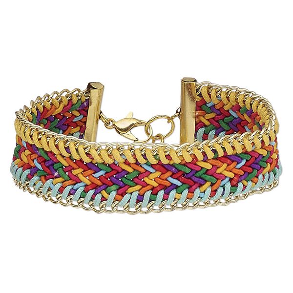 Bracelet, waxed cotton cord / nylon / gold-finished steel, multicolored, 21mm wide with braided design, 8 inches with 1-1/2 inch extender chain and lobster claw clasp. Sold individually. image number 0