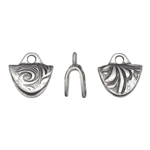 Crimp end, TierraCast®, pewter (tin-based alloy), 15x12mm 2-sided with jardin design. Rich antiquing highlights the graceful swirl details. Sold per pkg of 20. image number 0