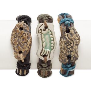 Bracelet mix, ceramic / leather / cotton (dyed), multicolored, 18-22mm wide with mixed shape, adjustable from 6-8 inches with wrapped knot closure. Sold per pkg of 3.