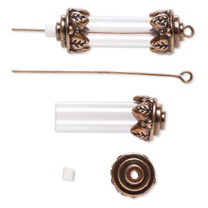 Focal, acrylic and antique copper-finished brass and "pewter" (zinc-based alloy), clear, 34x12mm with 25x8mm round tube and removable ends, 2-inch eye pin. Sold per pkg of 10.