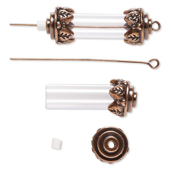 Focal, acrylic and antique copper-finished brass and "pewter" (zinc-based alloy), clear, 34x12mm with 25x8mm round tube and removable ends, 2-inch eye pin. Sold per pkg of 10. image number 0