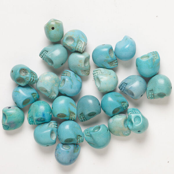 Bead mix, "howlite" (imitation) resin 1pkg25, opaque blue and light blue, 17x14mm-18x15mm skull. image number 1