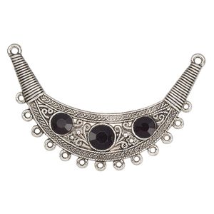Connector, antique silver-finished "pewter" (zinc-based alloy) and glass, black, 3-1/2x2" crescent. Sold individually.