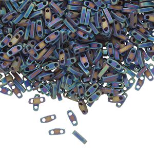 Seed bead, TILA®, glass, pkg/5g, 5x1.2mm quarter tila rectangle, opaque matte rainbow black, (QTL-401FR).