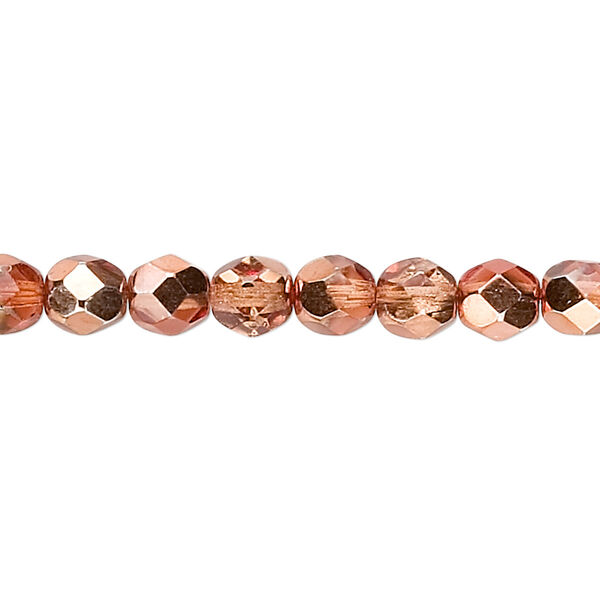 Bead, Czech fire-polished glass, opaque to translucent clear with half-coat metallic apricot, 6mm faceted round. Sold per 15-1/2" to 16" strand. image number 0