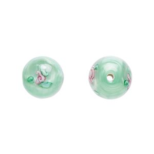 Bead, Czech lampworked glass, opaque green and pink, 10-11mm round with flower design. Sold per pkg of 4.