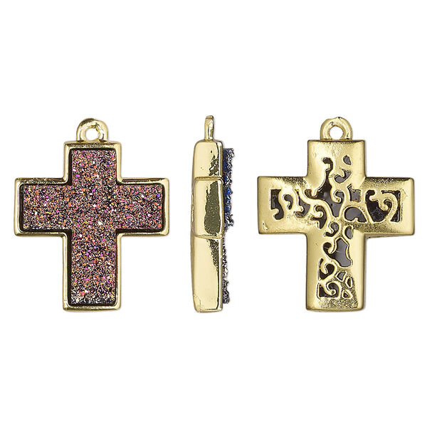Drop, Druzylite™, "druzy" (resin) and gold-finished brass, metallic purple, 18x16mm two-sided cross with open filigree back. Sold per pkg of 4. image number 0