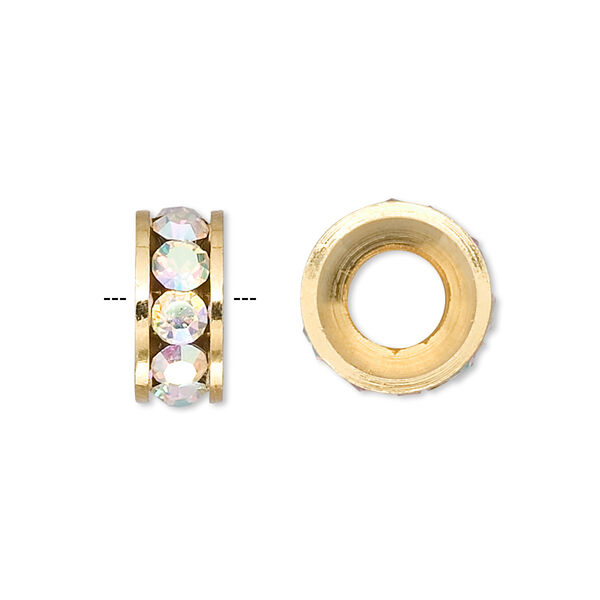 Bead, Dione®, Czech crystal and gold-finished brass, crystal AB, 14x6mm rondelle with 7mm hole. Sold per pkg of 2. image number 0