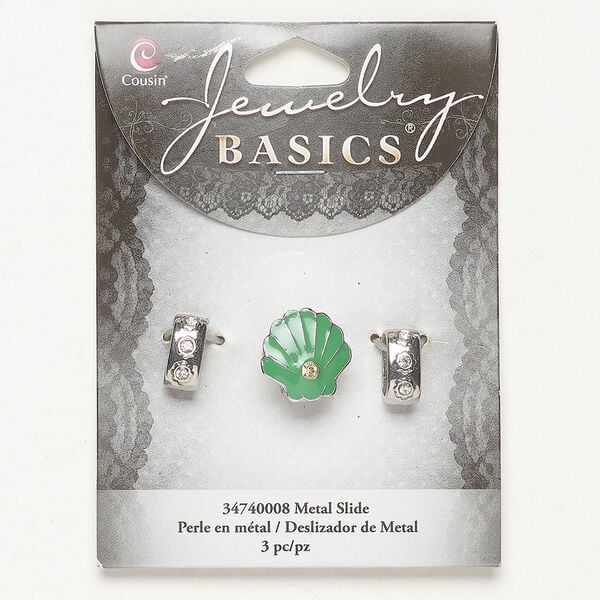 Slider bead assortment 1pkg3, acrylic / enamel / antique silver-finished brass, clear / teal / yellow, 16mm shell / 14x6mm oval. image number 0