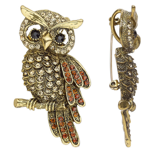 Brooch and pendant, Everyday Jewelry, glass rhinestone and antique gold-finished "pewter" (zinc-based alloy), black / brown / champagne, 67x35mm owl with hidden bail. Sold individually. image number 0