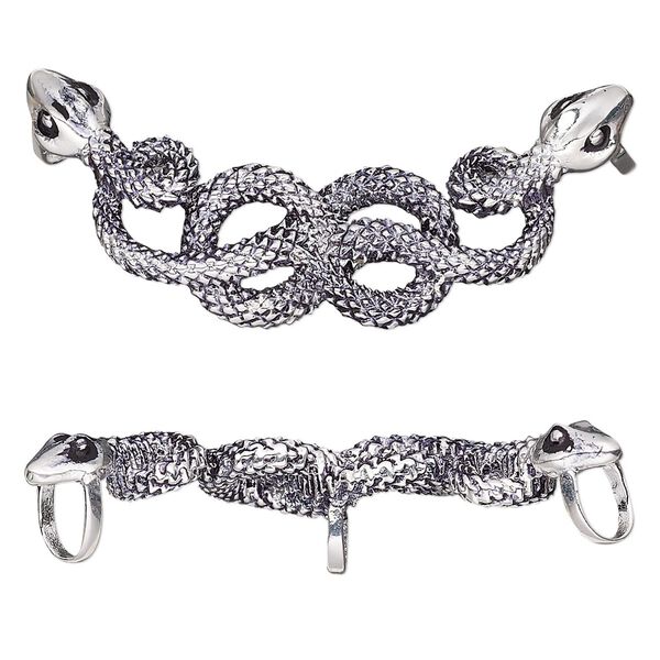 Slide, antique silver-plated brass, 46x19.5mm single-sided snakes with (3) 4.5mm holes. Sold individually. image number 0