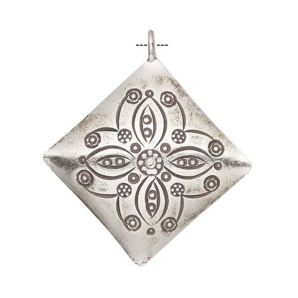Drop, Hill Tribes, antiqued sterling silver, 29mm diamond with floral design. Sold individually. image number 0