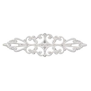 Component, silver-plated brass, 56.5x15mm single-sided filigree marquise. Sold per pkg of 10.