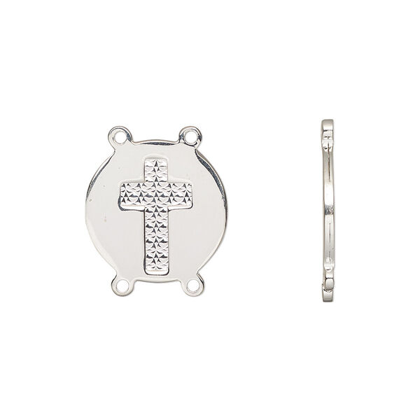 Link, sterling silver, 15mm single-sided flat round with diamond-cut cross. Sold individually. image number 0