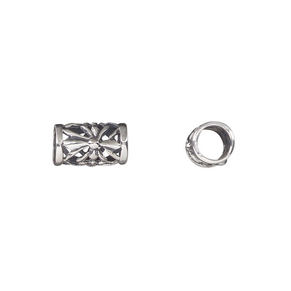 Bead, sterling silver, 11x7mm tube with cutout flower design. Sold individually. image number 0