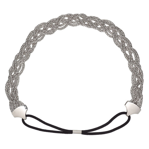Headband, stretch, nylon / rubber / imitation rhodium-plated steel, black, 20mm wide with woven design, 20 inches. Sold individually. image number 0