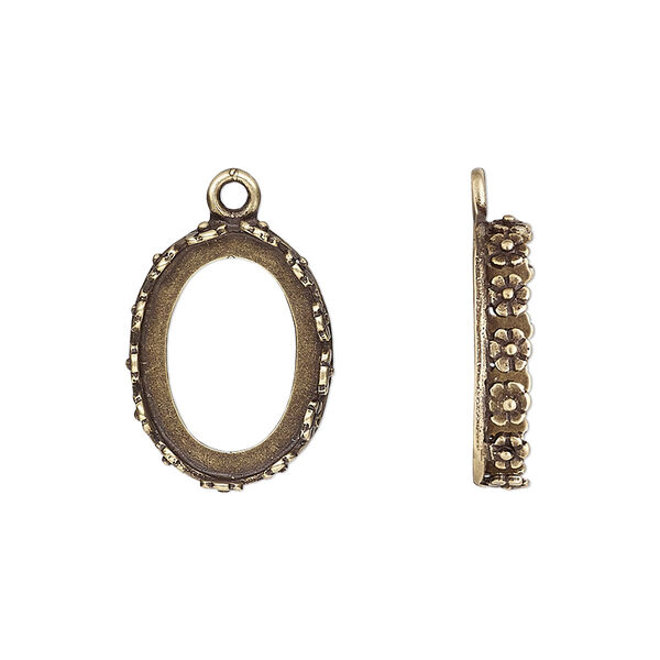 Drop, JBB Findings, antiqued brass, 18x14mm oval with open back and flower design trim, 16x12mm oval bezel setting. Sold per pkg of 2. image number 0