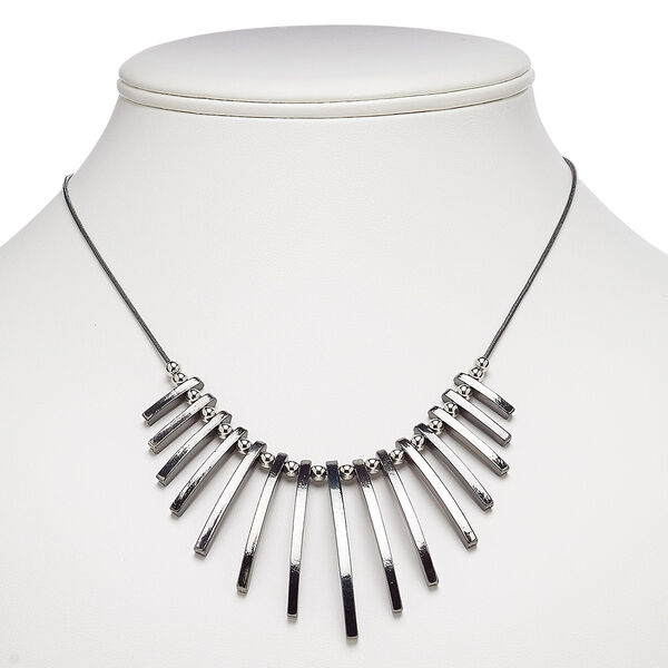 Necklace, silver-coated plastic / gunmetal-plated brass / steel / "pewter" (zinc-based alloy), 17x2mm-49x3mm graduated fan, 18 inches with 3-inch extender chain and lobster claw clasp. Sold individually. image number 0