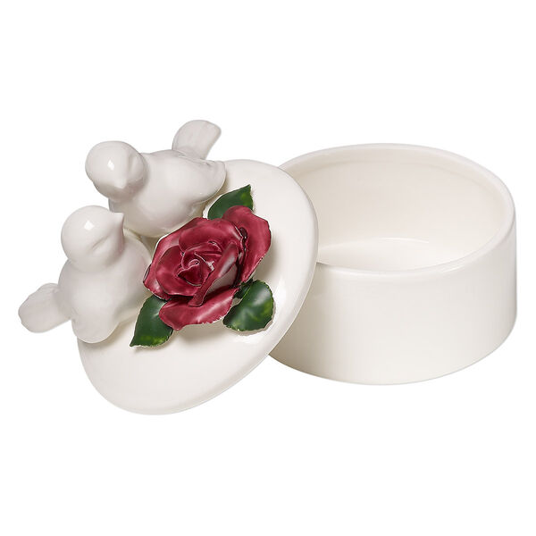 Trinket box, porcelain, white / mauve / green, 3-1/4 inch round with birds, flower and leaves. Sold individually. image number 0