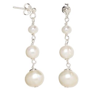 Earring, cultured freshwater pearl (bleached) sterling silver, white, 38mm with graduated round and post. Sold per pair.