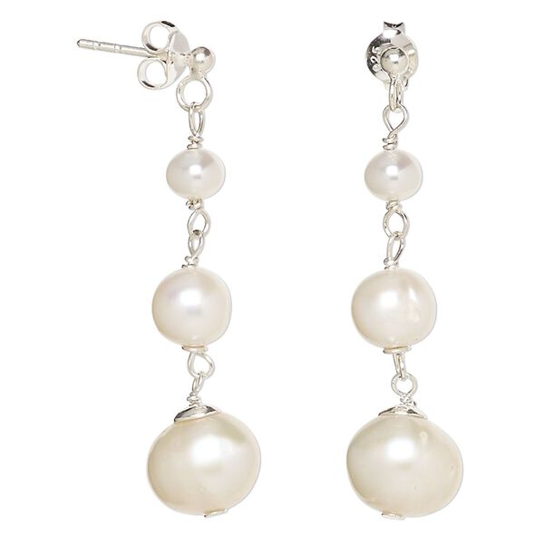 Earring, cultured freshwater pearl (bleached) sterling silver, white, 38mm with graduated round and post. Sold per pair. image number 0