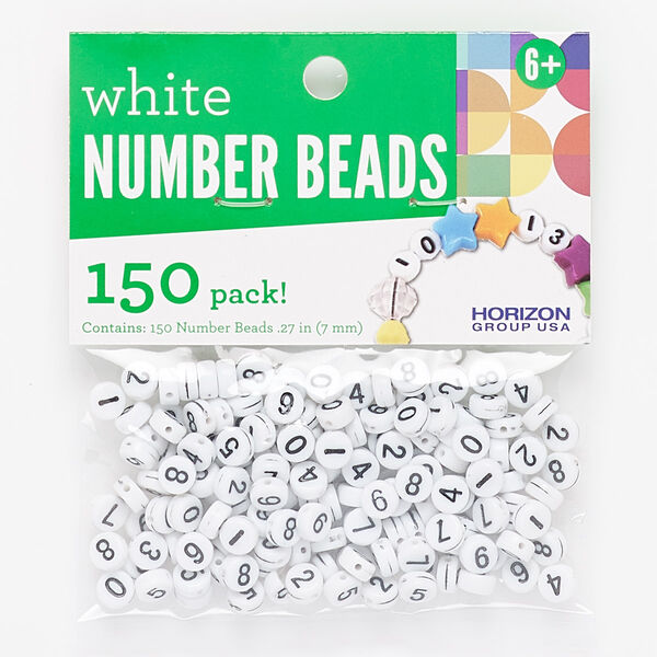 Bead mix, plastic, opaque white and black, 7mm double-sided flat round with numbers "0" to "9." Sold per pkg of 150. image number 0