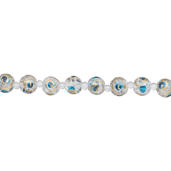 Bead, glass 1pkg8, transparent blue and gold, 12mm round with crackle finish and hand-painted spiral. image number 1