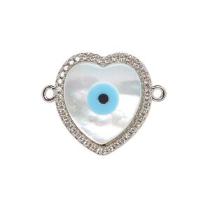 Link, silver-finished brass / mother-of-pearl shell / cubic zirconia / resin, multicolored, 18x17mm single-sided heart with eye design. Sold individually.