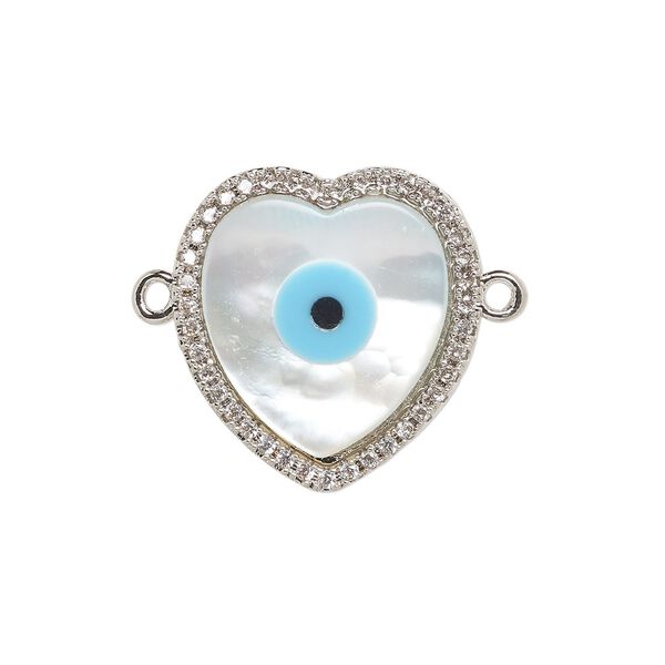 Link, silver-finished brass / mother-of-pearl shell / cubic zirconia / resin, multicolored, 18x17mm single-sided heart with eye design. Sold individually. image number 0