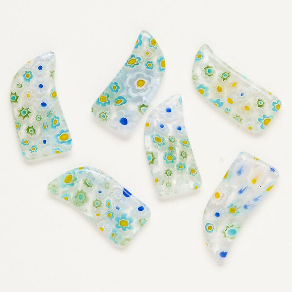 Component, millefiori glass, translucent clear and multicolored, 27x11mm-30x15mm undrilled talon. Sold per pkg of 6. image number 0