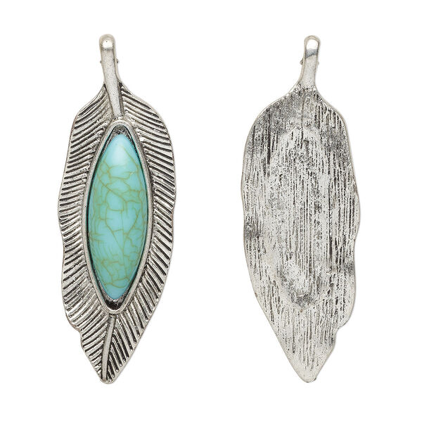 Pendant, "turquoise" (resin) (imitation) and antique silver-finished "pewter" (zinc-based alloy), turquoise blue, 60x20mm single-sided feather. Sold individually. image number 0