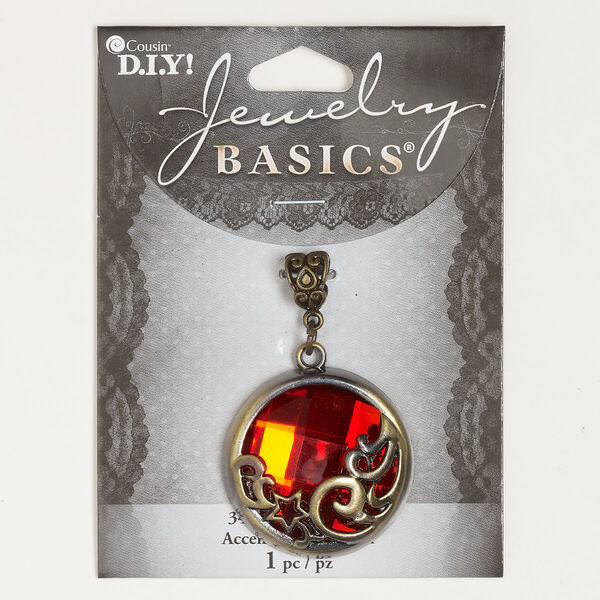 Pendant, antique brass-finished "pewter" (zinc-based alloy) and glass, red, 33mm faceted round with star and swirls. Sold individually. image number 0