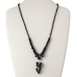 Necklace, silver-finished steel and glass, black, 12x8mm faceted rondelle with 2-1/4 inch dangle, 26 inches with lobster claw clasp and 2-inch extender chain. Sold individually.