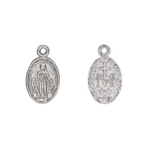 Drop, antique silver-plated "pewter" (zinc-based alloy), 14x10mm double-sided oval with Miraculous Medal. Sold per pkg of 50.