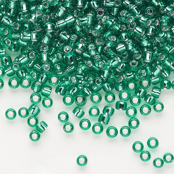 Seed bead, Dyna-Mites™, glass, silver-lined translucent jade green, #8 round. Sold per 40-gram pkg. image number 0