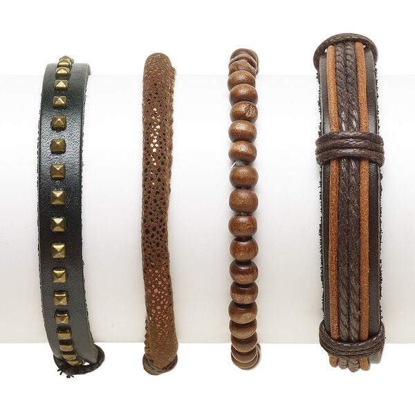 Bracelet mix, Everyday Jewelry, leather (dyed) / faux leather (dyed) / Japanese pagoda wood / waxed cotton cord / gold-finished "pewter" (zinc-based alloy), dark brown / brown / tan, 5-13mm wide, 7-8 inches. Sold per pkg of 4. image number 0
