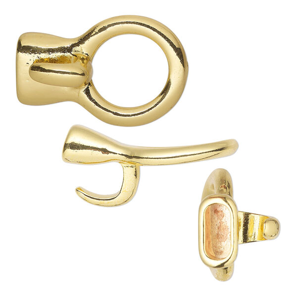 Clasp, hook, gold-finished "pewter" (zinc-based alloy), 33x22 with 10x4.5mm glue-in cord end. Sold per pkg of 2. image number 0