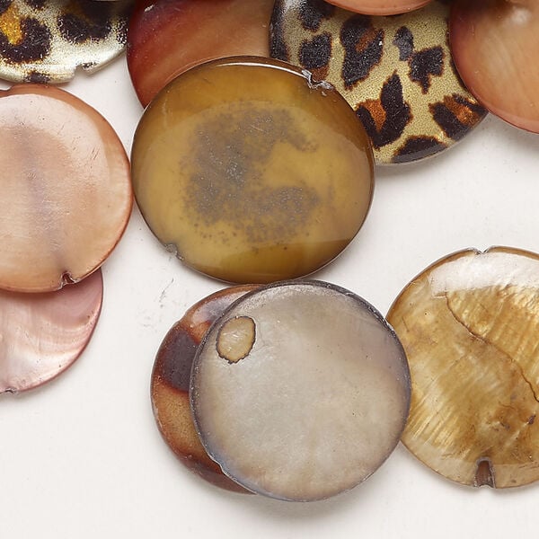 Mother-of-pearl shell 1pkg6oz, puffed flat round bead mix multi-brown 17-20mm image number 0