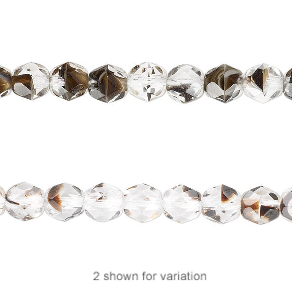Bead, Czech fire-polished glass, clear / black / brown, 6mm faceted round. Sold per 15-1/2" to 16" strand. image number 0