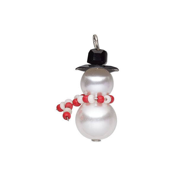 Component, glass and plastic, red / white / black, 22x10mm snowman. Sold per pkg of 4. image number 0