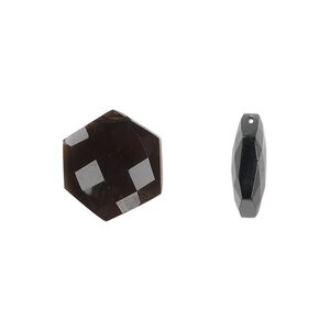 Smoky quartz 1pkg2, hand-cut top-drilled flat hexagon bead 13mm