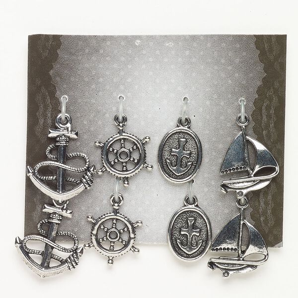 Charm assortment "pewter" zinc-based alloy brass enamel glass 8pk nautical mixed shape, silver finish image number 0