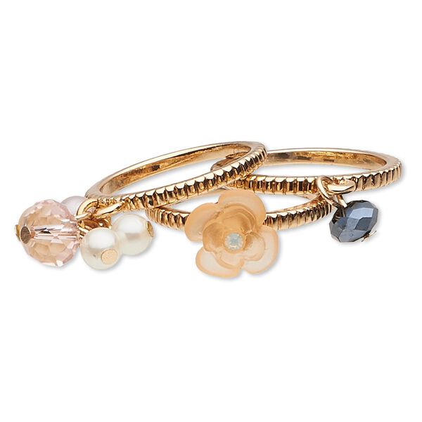 Ring, glass / resin / acrylic pearl / gold-finished "pewter" (zinc-based alloy), multicolored, 2mm wide with 10x10mm flower / 6x4mm faceted rondelle / 13mm dangle, size 8. Sold per pkg of 3. image number 0