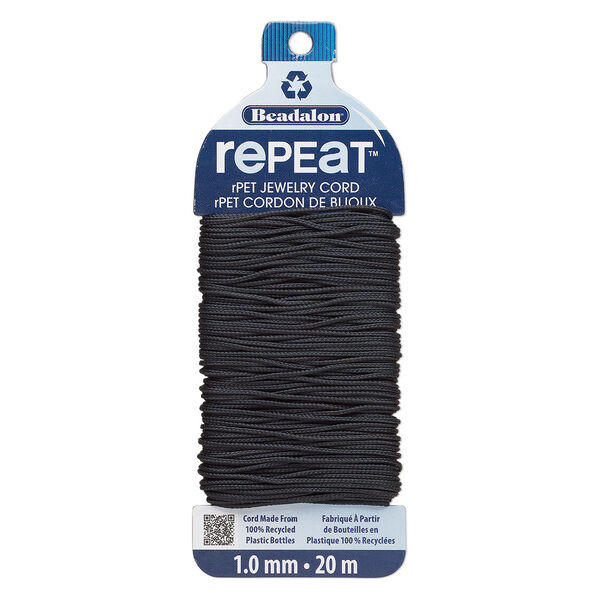 Cord, Beadalon® RePEaT™, recycled polyethylene, black, 1mm, 100-pound test. Sold per 20-meter card. image number 0