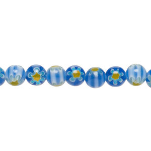 Bead, millefiori glass 1pkg1, translucent blue / white / yellow-orange, 6mm round, 15 inches.